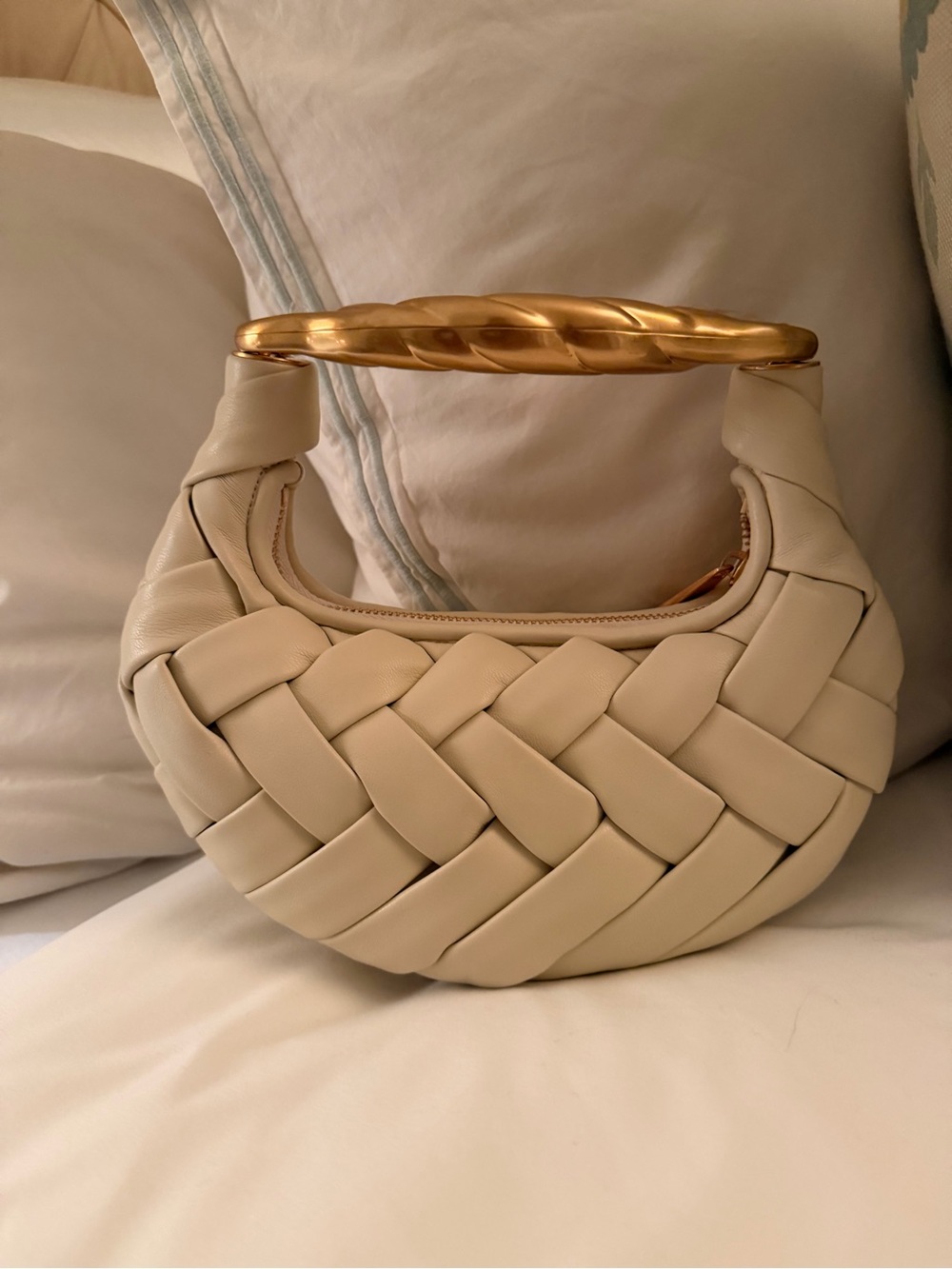 Woven Leather Crescent Handbag with Gold Handle - Cream